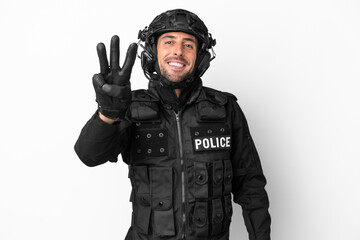 SWAT caucasian man isolated on white background happy and counting three with fingers