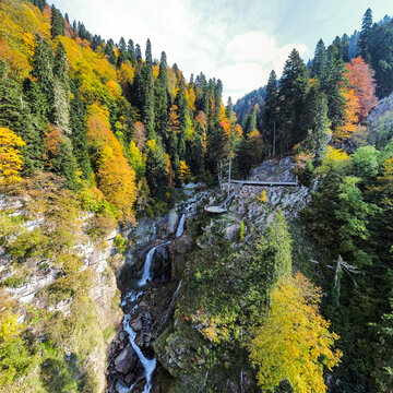 Russia, Krasnodar Territory. Sochi. Rosa Khutor Mountain Resort. Mendechiha Falls Park.
