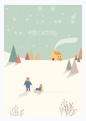 Vector illustration of a Christmas winter landscape greeting postcard.Green color of winter mountain countryside landscape with  kids,pine tree and snow.Happy holidays