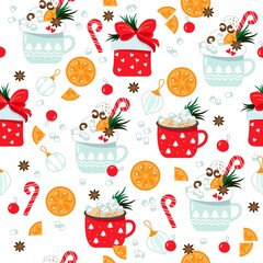 Seamless background on a Christmas theme. Vector illustration. New Year's pattern. Wrapping. Cocoa, balls, gift, lollipop, orange, hand made.
