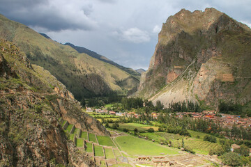 Inca Fortress with Terraces and Temple Hill in Ollantaytambo, Peru