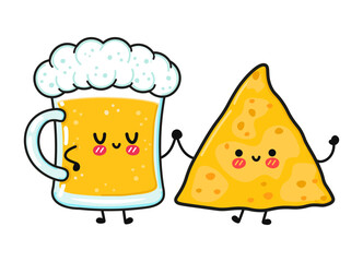 Cute, funny happy glass of beer and nachos. Vector hand drawn cartoon kawaii characters, illustration icon. Funny cartoon glass of beer and nachos mascot friends concept