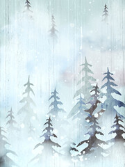 Art Christmas card. Watercolor background with winter snowy forest for print, greeting, invitation card