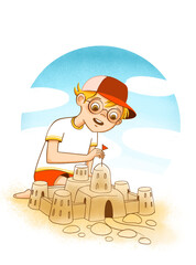 a boy builds a sand castle, illustration