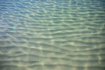 Ripples on surface of sand sea bottom, clear and calm blue sea water, fishes in water, nature texture 