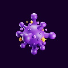 purple virus on dark background. Scene for health, medicine, preventive action background. 3D render.