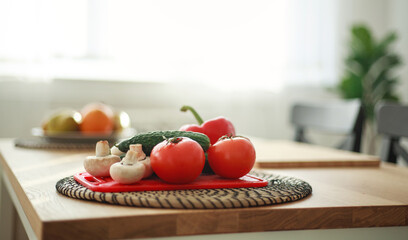 Fresh vegetables on wooden table in kitchen, natural food and healthy lifestyle background