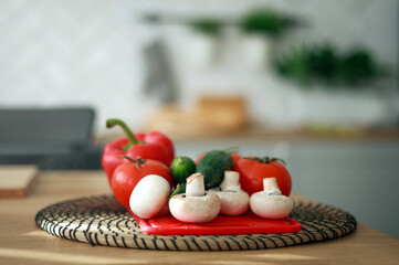 Fresh vegetables on wooden table in kitchen, natural food and healthy lifestyle background