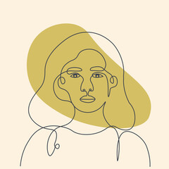 Abstract poster with minimal woman face.One line drawing style. Portrait minimalistic style. For beauty concept, t-Shirt Print, postcard, poster. Vector illustration.