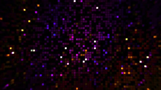 Animation background with the motion of glowing mosaic tiles, seamless loop. Design. Blinking squares with shine light, concept of party and dance floor.