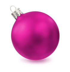 Xmas ball pink shiny decor, Happy New Year bauble sparkling, wintertime decoration sphere hanging adornment modern traditional symbol isolated on white background. 3d rendering.