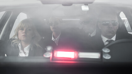 Agents protect celebrity person in limousine with signal patrol light - obrazy, fototapety, plakaty