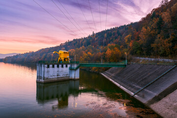 Water dam infrasturcture in Tresna, Silesia, Poland. Beautiful, evening in polish mountains Beskidy.