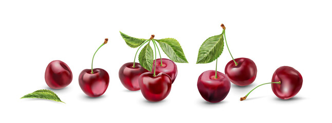 Realistic cherry with fresh leaves, red juicy on a white background for design.