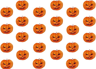 Halloween pattern with watercolor orange spooky paumpkins on white background. Trick or treat. Jack-O-Lantern.