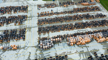 A large number of reels with an electric cable. Warehouse and production of electrical wires for...
