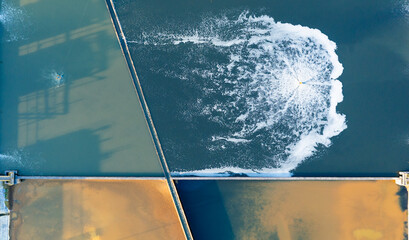 Aerial view of treatment facilities. Water purification before and after purification, different...