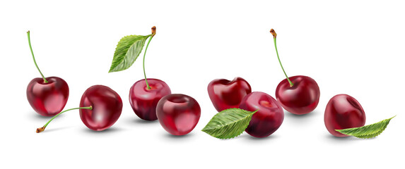 Realistic cherry with fresh leaves, red juicy on a white background for design.