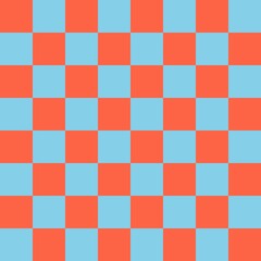 Checkerboard 8 by 8. Sky blue and Tomato colors of checkerboard. Chessboard, checkerboard texture. Squares pattern. Background.