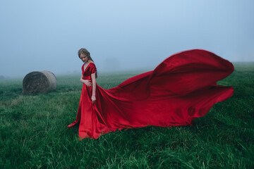 Young woman in long red dress walking in the field at twilight time