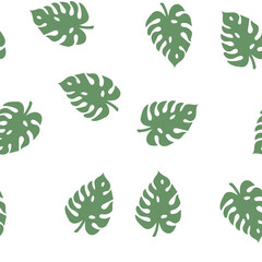 Fototapeta na wymiar Aesthetic spring or summer seamless pattern with leaves in light pastel green and white colors. Vector monstera leaf pattern