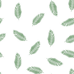 Aesthetic spring or summer seamless pattern with a fern branch in light pastel green and white colors. Vector pattern of forest plant leaves