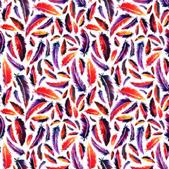 Seamless watercolor pattern. Colorful bright bird feathers.