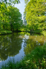 Natural location Na Podkove near Chrudima river, oxbow surrounded with trees and greenery, water surface reflections