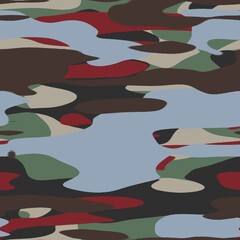 Seamless colorful happy camoflauge inspired surface pattern design for print. High quality illustration. Random military style abstract shape textile apparel fashion non-print for kids or adults.