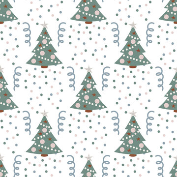 Confetti, serpentine and Christmas tree in Christmas pattern