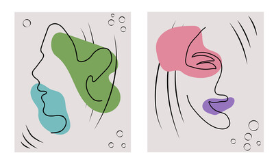 Set of covers for posters. Single line face with colored blotches. Vector
