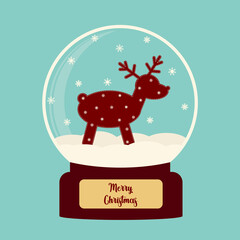 Merry christmas glass ball with snowflakes and a deer in the snow. Winter souvenir toy, snow globe