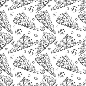 Graphic seamless pizza pattern. Creative vector background with italian pizza. Funny wallpaper for textile and fabric. Hand drawn pizza style. Monochrome, black and white illustration