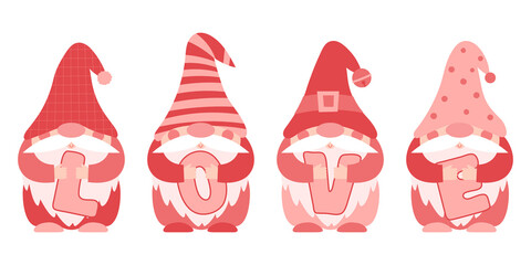A set of little paunchy dwarfs in pink and red clothes and caps who hold the letters LOVE in their hands. Little bearded gnomes, cute cartoon characters. Color vector illustration isolated on white.