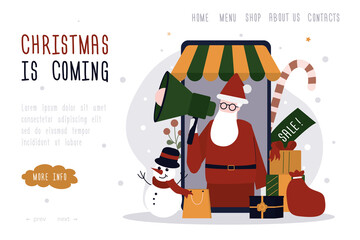Happy Santa Claus announce about sale for new year. Concept of announcement for christmas. Online shopping for Xmas with discount. Shop app on phone screen