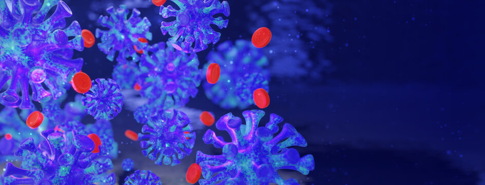 Background with a new mutation of coronavirus strains with blood clots. Research in the medicine of viruses. 3d render