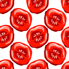 Red tomatoes seamless pattern in cartoon style on white background. Vector illustration with vegetables for textile, fabric