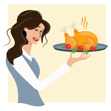 The waitress serves a roast turkey on a tray. Woman holding a plate with a festive dinner for Thanksgiving. Vector illustration on yellow background. Cartoon flat design.