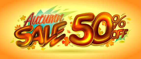 Autumn sale, 50 percents off, half price, poster or web banner vector mockup