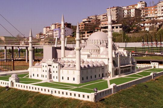 Sultanahmet Mosque at the Miniaturk miniature park on Golden Horn in Istanbul, Turkey. Miniaturk is one of the worlds largest miniature parks.