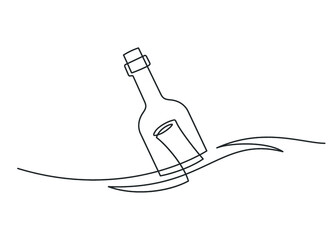 Continuous line drawing of message in bottle. Bottle in sea. Vector illustration