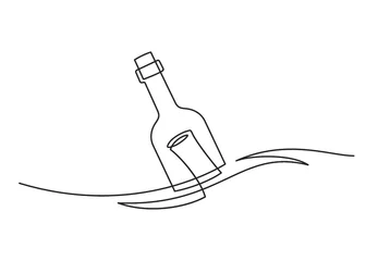 Foto op Canvas Continuous line drawing of message in bottle. Bottle in sea. Vector illustration © pronick