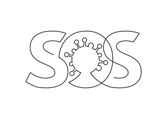 Continuous line drawing of SOS text with the Coronavirus bacteria middle. Vector illustration.