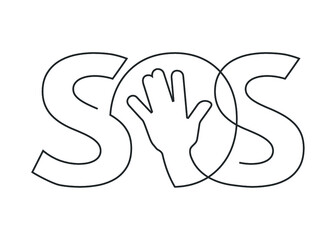 Continuous line drawing of SOS text with the hand in the middle on white background. SOS distress signal. Vector illustration.