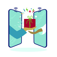 Video call, message concept. Gift giving from phone screen. Surprise, warning, delivery. Celebration online or in the distance. Vector flat sketch design