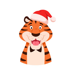 Flat talking smiling tiger in Santa hat portrait isolated on white background. Cute adorable cartoon wild cat. Chinese symbol of New Year 2022. Holiday orange striped character vector illustration.