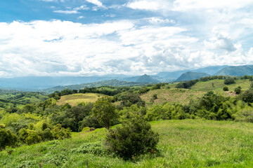 Panoramic landscape in Tamesis with blue sky and mountain on the horizon. Colombia. 