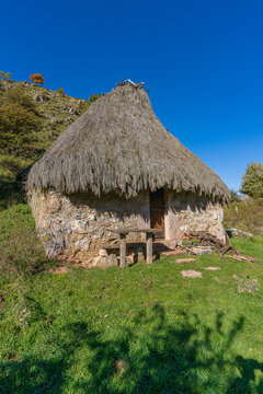 Traditional cabin with a broom roof , teito, in the town of Valle de Lago in Somiedo, Asturias. 