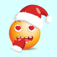 Enamored New Year's Emoji in a santa hat with hearts in his eyes and a mitten at his mouth.