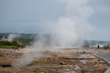 Landscape of steam coming off of Geysir Golden Circle Iceland